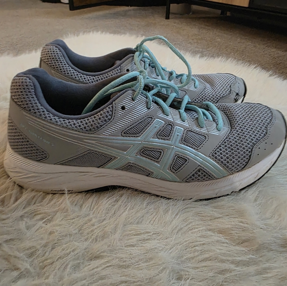 Asics Gray and Blue Athletic Shoes with Cushioned Midsole